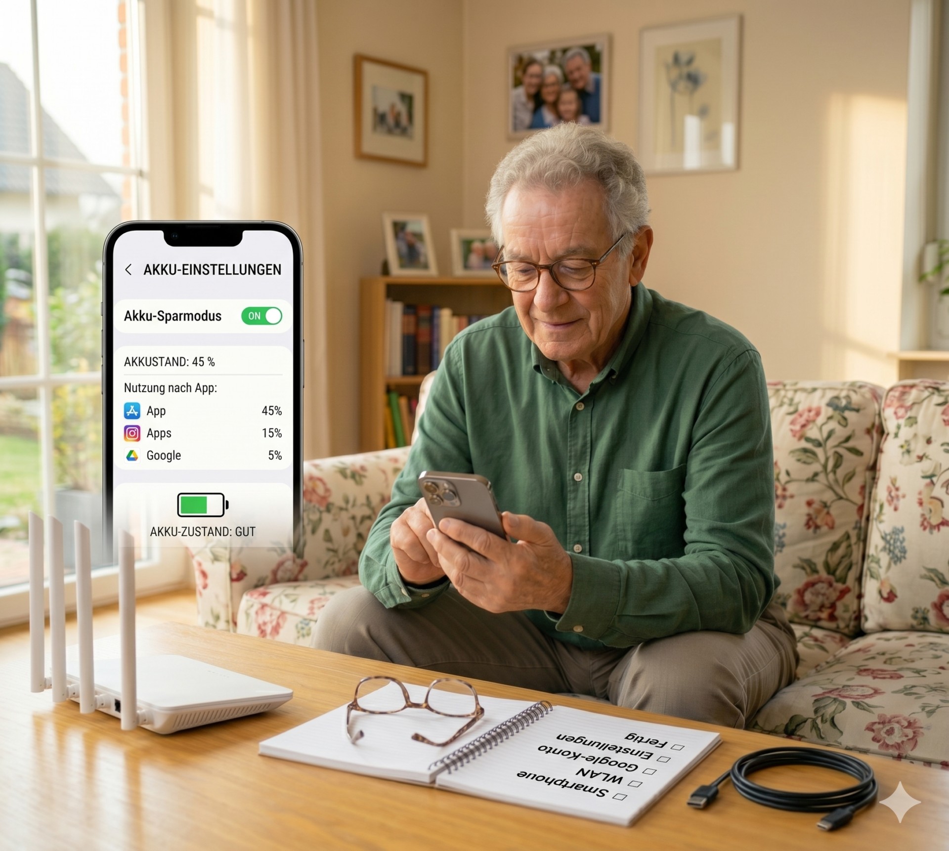 Senior pr&uuml;ft die Akkuanzeige am Smartphone.