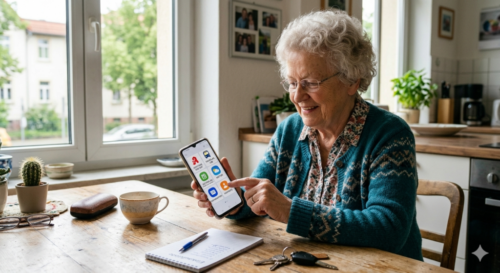 Eine ältere Frau sitzt in einer hellen Küche am Tisch und nutzt aufmerksam ein Smartphone mit übersichtlichen, großen App-Symbolen.
