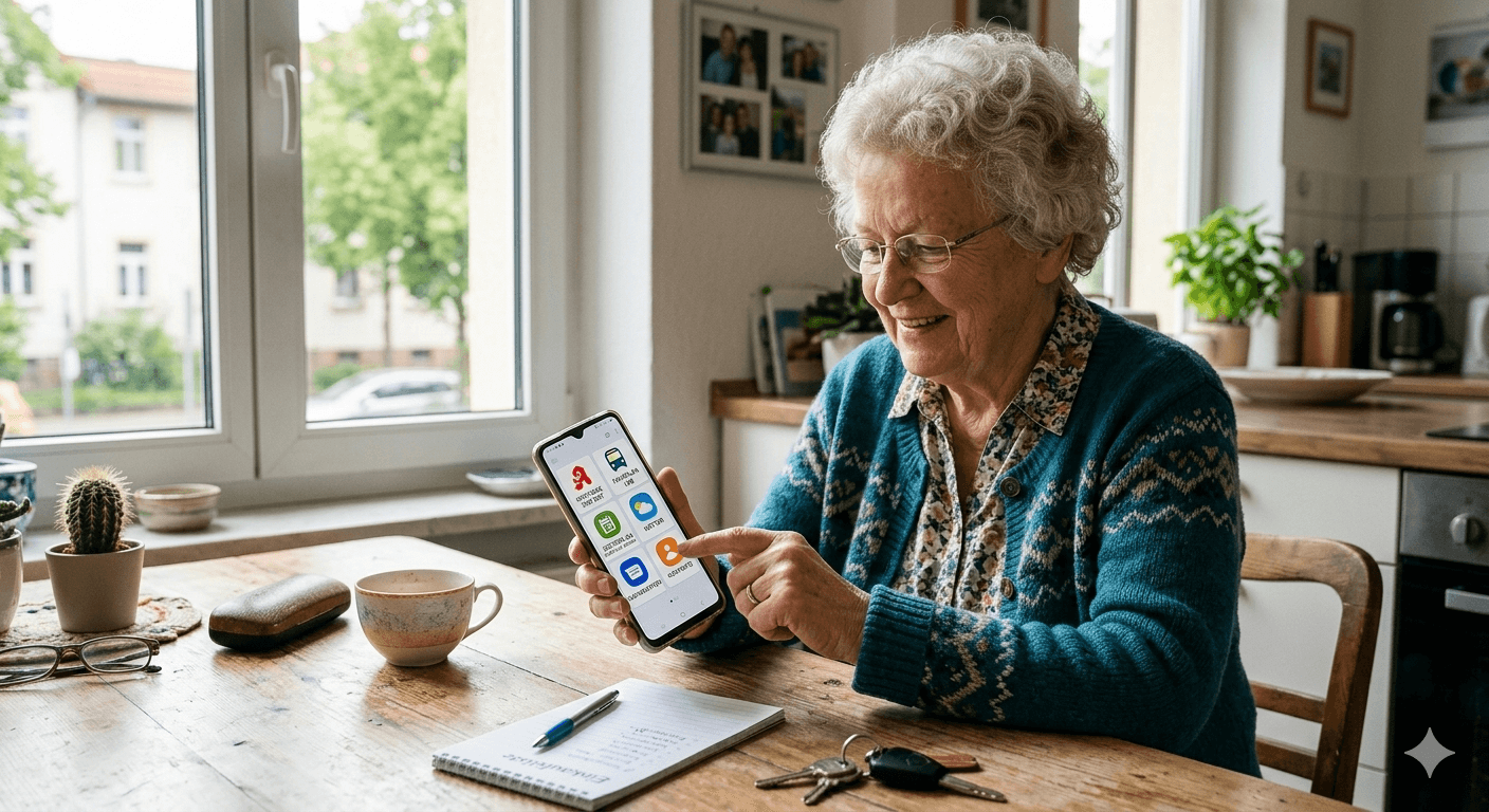 Seniorin nutzt Smartphone mit hilfreichen Apps für den Alltag