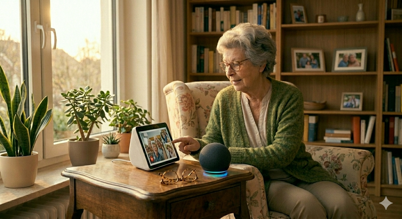 Senior spricht Sprachbefehl in Echo Dot – Digital ab 60
