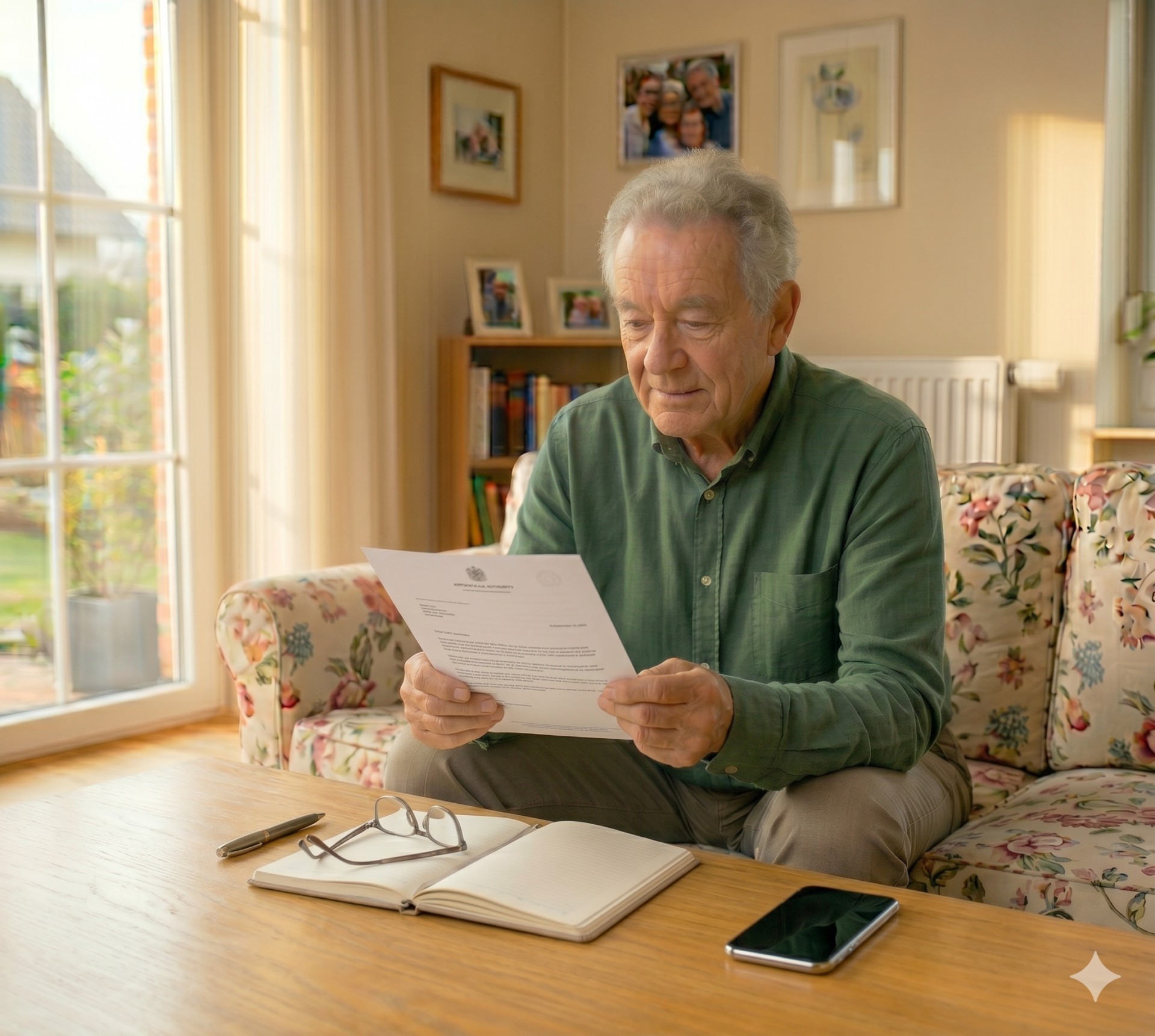Senior liest einen Beh&ouml;rdenbrief und nutzt digitale Hilfe zum Verstehen.
