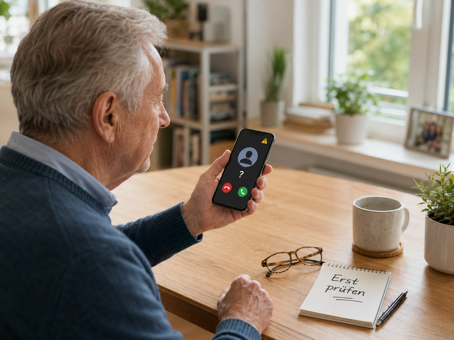 Senior pr&uuml;ft einen verd&auml;chtigen Anruf auf dem Smartphone und sch&uuml;tzt sich vor Telefonbetrug