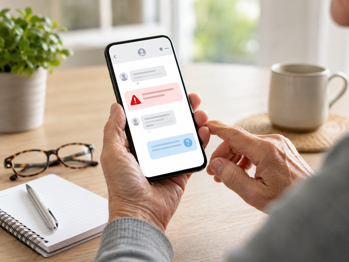 &Auml;ltere Hand h&auml;lt ein Smartphone und pr&uuml;ft eine m&ouml;gliche Betrugsnachricht