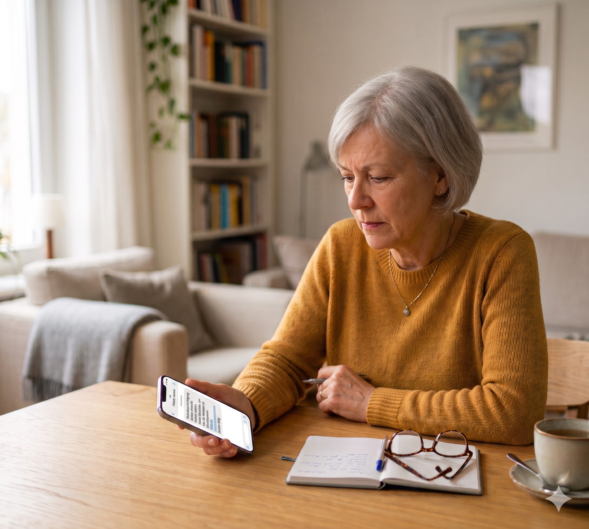 &Auml;ltere Person pr&uuml;ft vorsichtig eine verd&auml;chtige Nachricht auf dem Smartphone