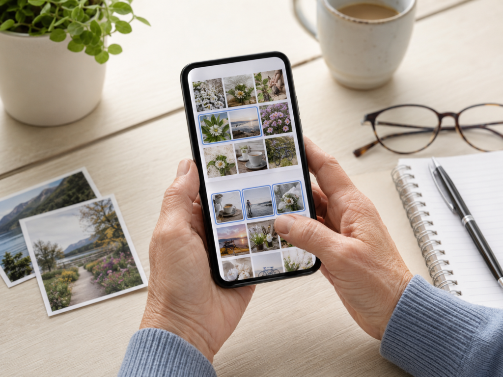 Ältere Hände sortieren Bilder in der Fotogalerie auf dem Smartphone.