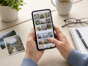 Ältere Hände sortieren Bilder in der Fotogalerie auf dem Smartphone.