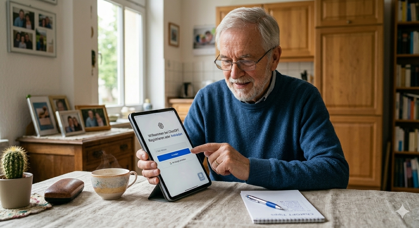 Senior nutzt Tablet und meldet sich bei ChatGPT an