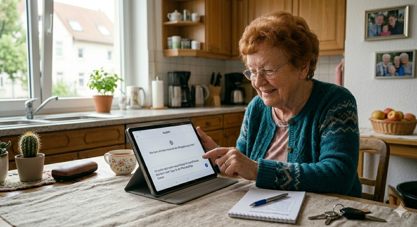 Senior nutzt ChatGPT im Alltag auf einem Tablet