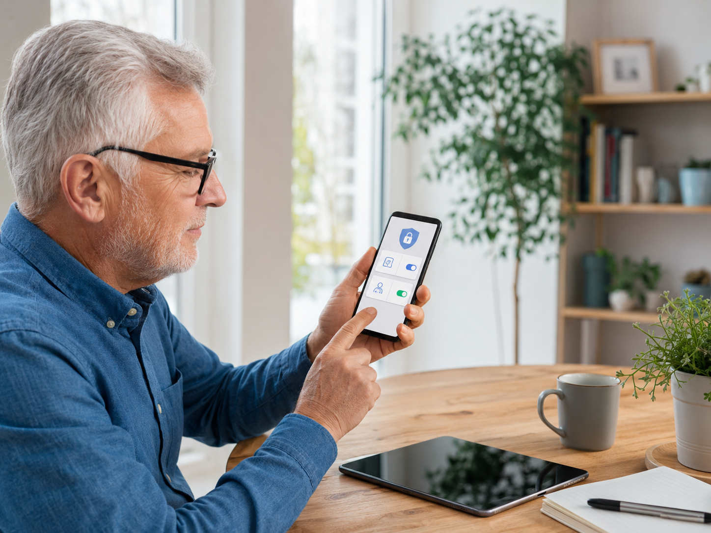&Auml;ltere Person nutzt Smartphone und Tablet f&uuml;r mehr Datenschutz im digitalen Alltag