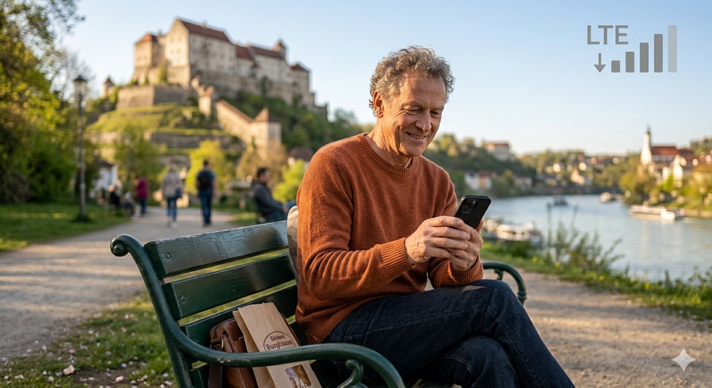 Senior mit Smartphone unterwegs im Park – Digital ab 60