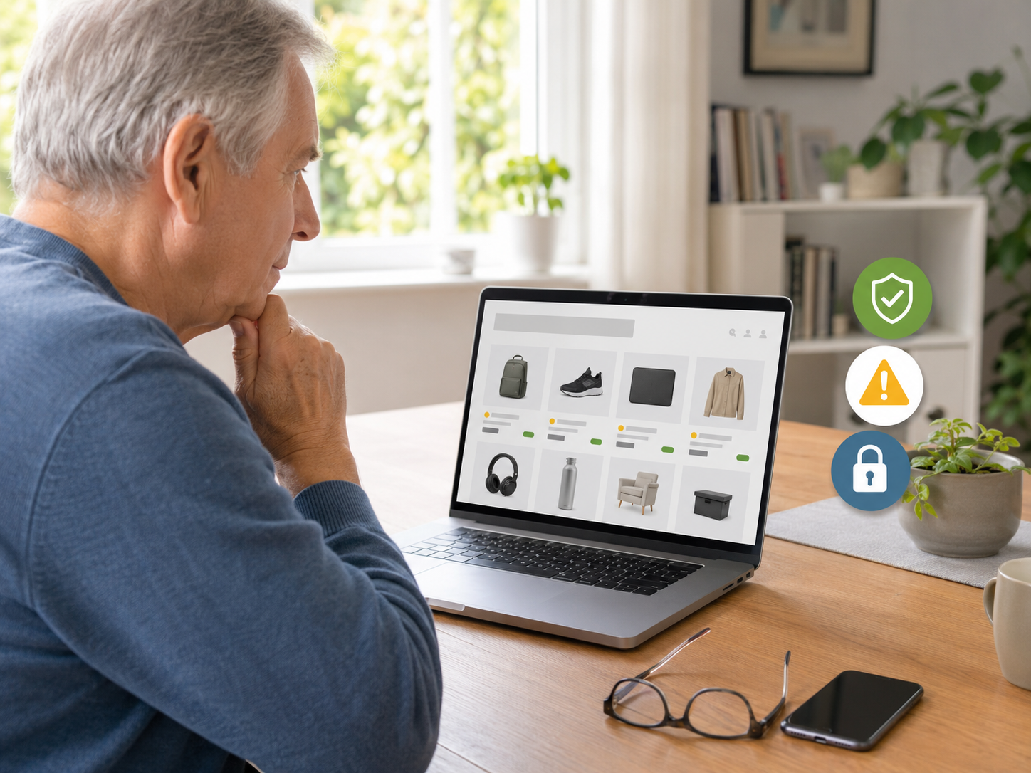 Senior pr&uuml;ft Online-Shop am Laptop und erkennt m&ouml;gliche Warnzeichen eines Fake-Shops