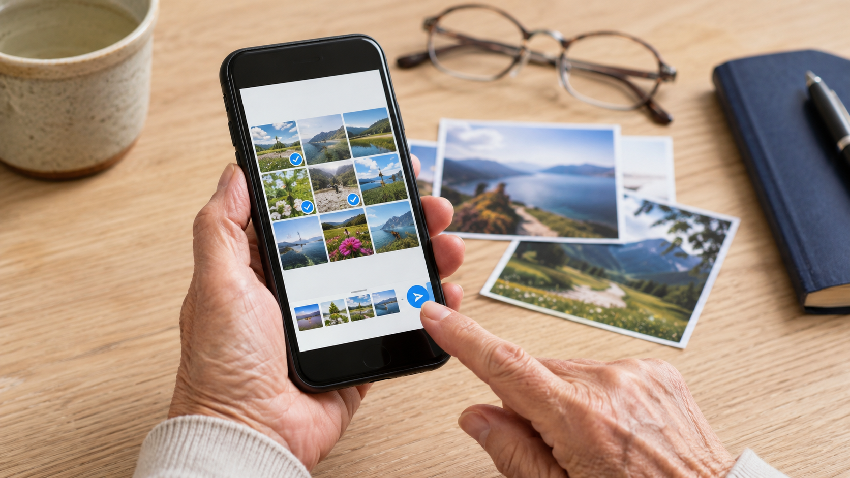 Smartphone mit Galerie-Ansicht, Finger tippt auf Foto – Digital ab 60