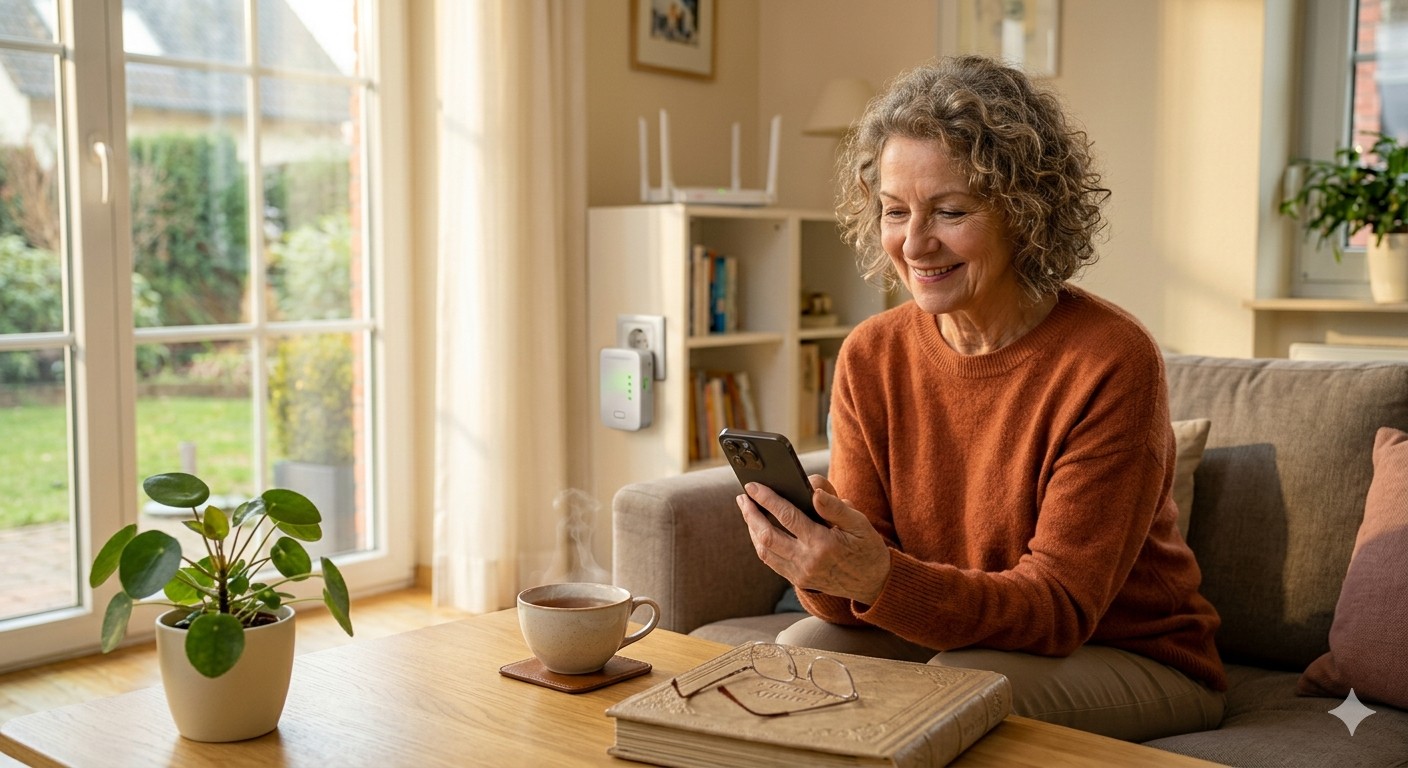 Senior zeigt lachend Foto auf Smartphone - Digital ab 60