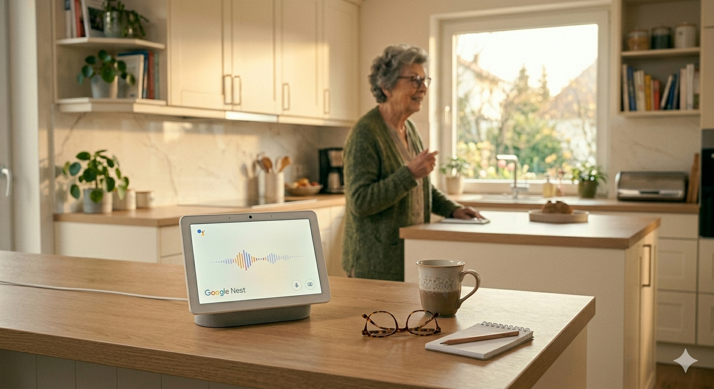 Google Nest Hub auf Küchenanrichte – Google Assistant für Senioren