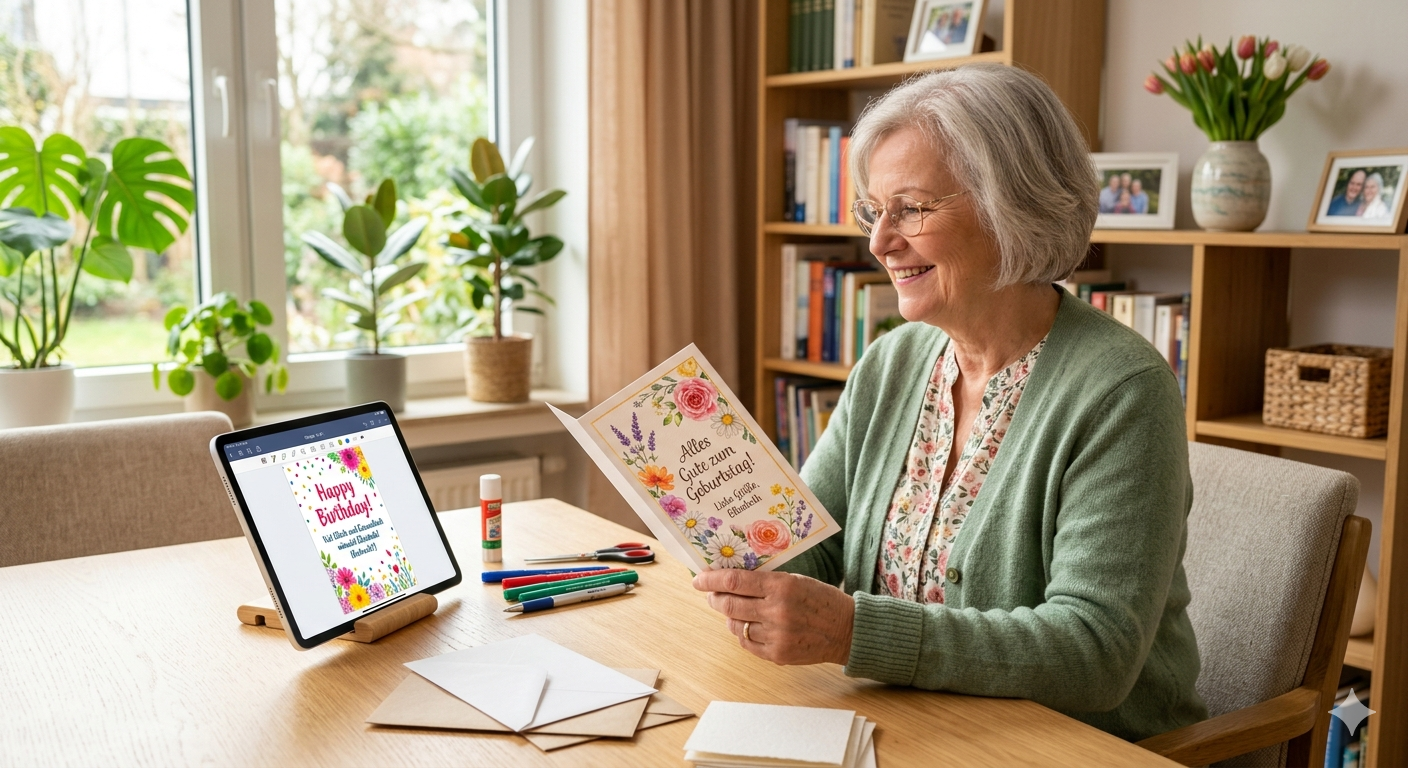 Seniorin gestaltet Grußkarte am Tablet – Digital ab 60