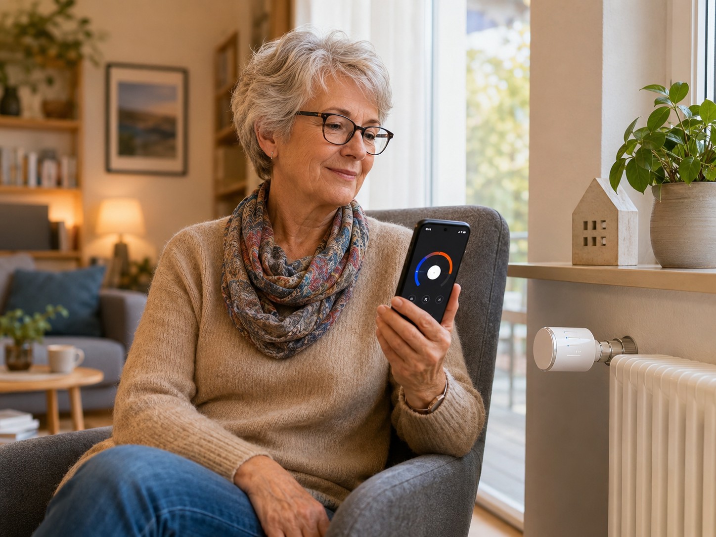 Senior nutzt Smartphone und smartes Thermostat, um Heizkosten zu senken