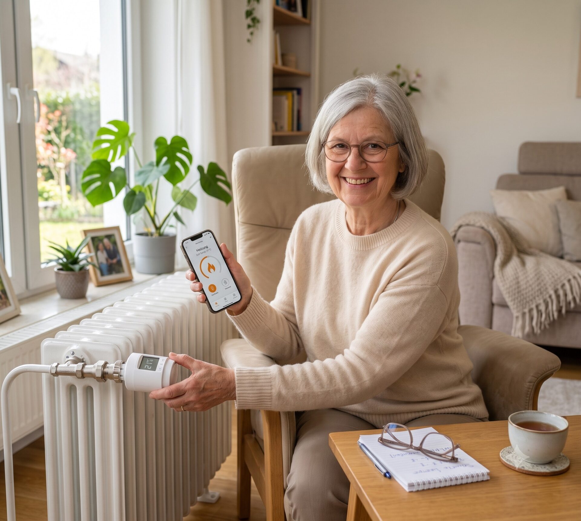 Ältere Person stellt ein smartes Thermostat am Heizkörper ein