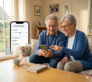 Senior stellt die Lautstärke am Smartphone höher