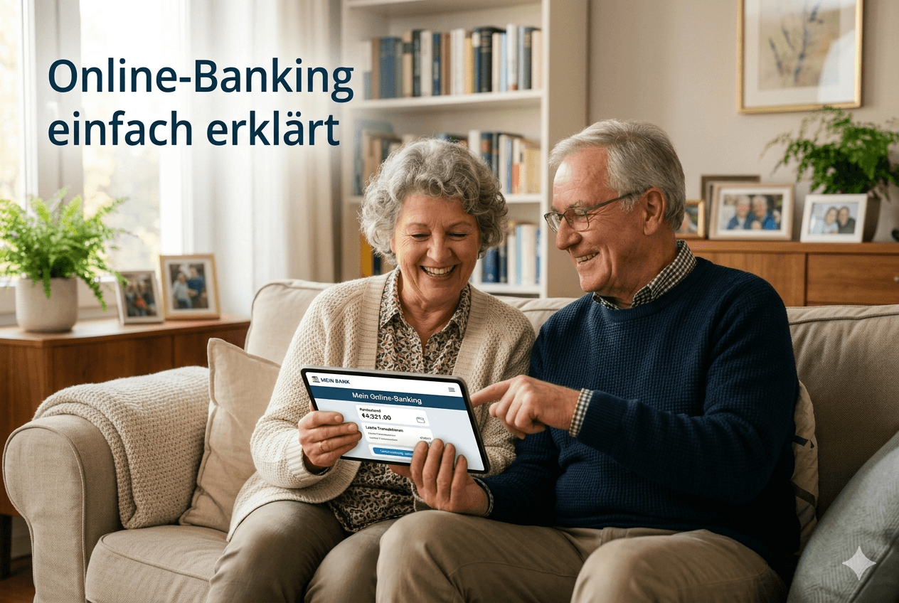Ältere Person entspannt am Laptop – Online-Banking von zu Hause nutzen
