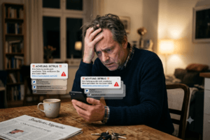 Besorgter Senior schaut auf sein Smartphone und erkennt mögliche Betrugsversuche durch Phishing-Nachrichten und Internetbetrug
