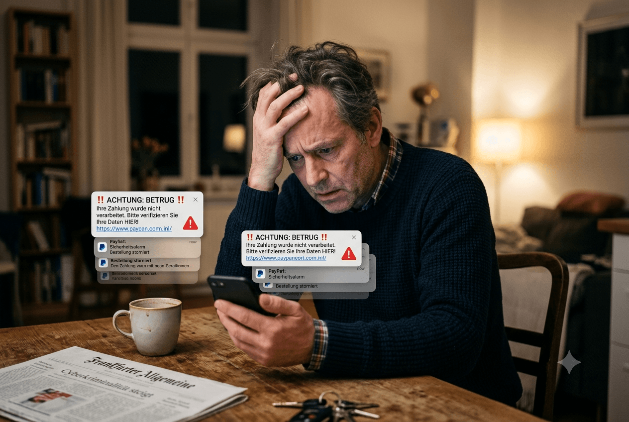 Ältere Person schaut besorgt auf Smartphone – Betrug im Internet erkennen