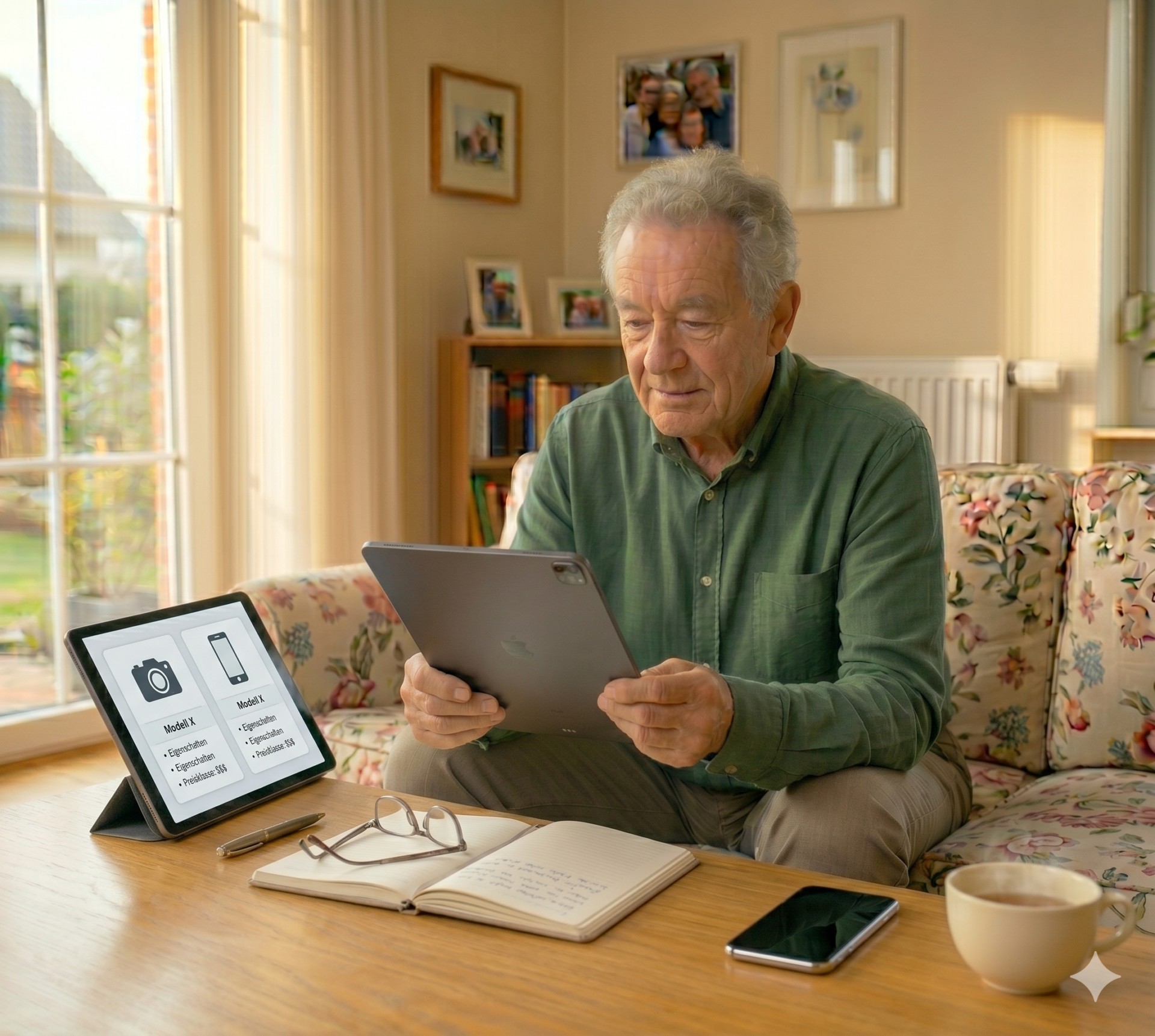 Senior vergleicht Produkte mit digitaler Hilfe am Laptop.