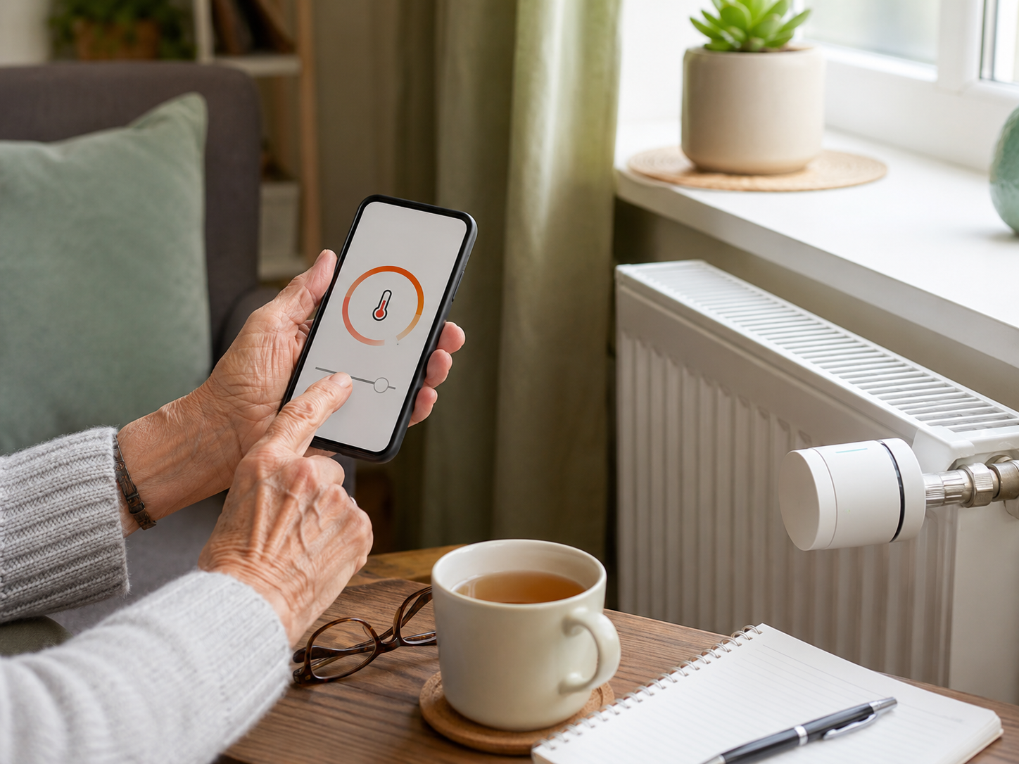 Smartes Heizkörperthermostat und Smartphone mit Temperaturanzeige.
