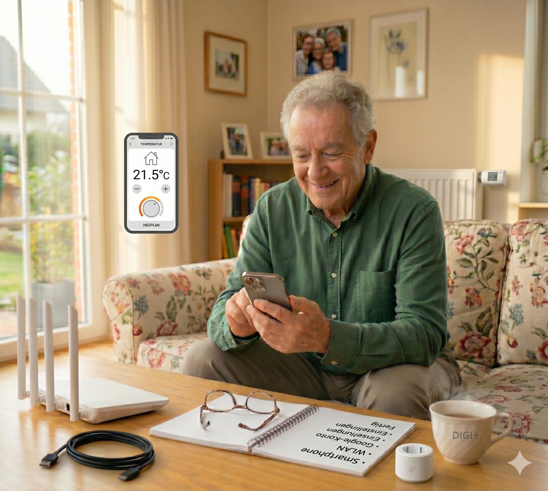 Senior steuert die Raumtemperatur per Smartphone.