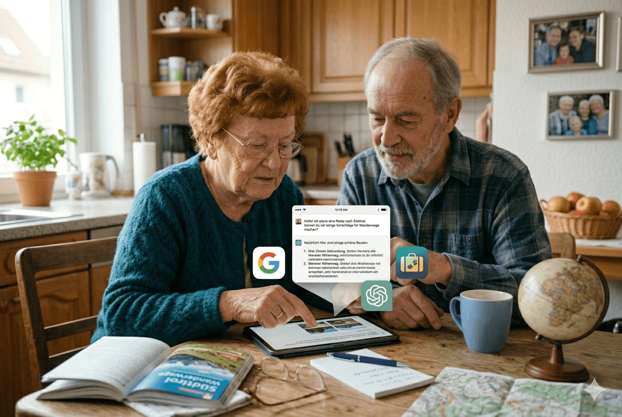 Ältere Person plant Reise mit ChatGPT auf dem Tablet – Digital ab 60