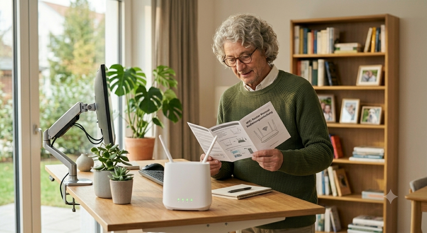 Senior betrachtet Router im Wohnzimmer – Digital ab 60