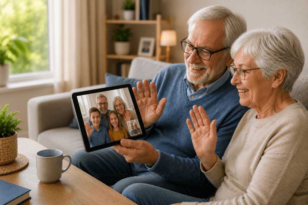 Älteres Ehepaar führt per Tablet einen Videoanruf mit Familie und nutzt digitale Technik im Alltag
