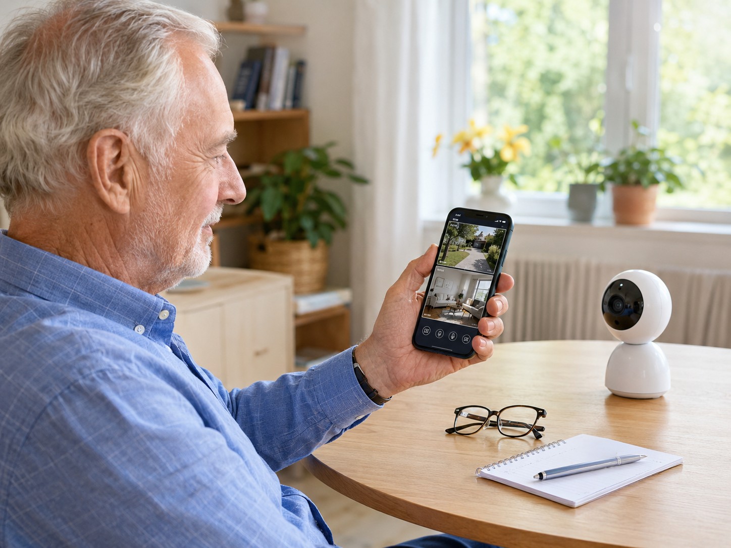 Senior prüft eine Sicherheitskamera für Zuhause mit dem Smartphone