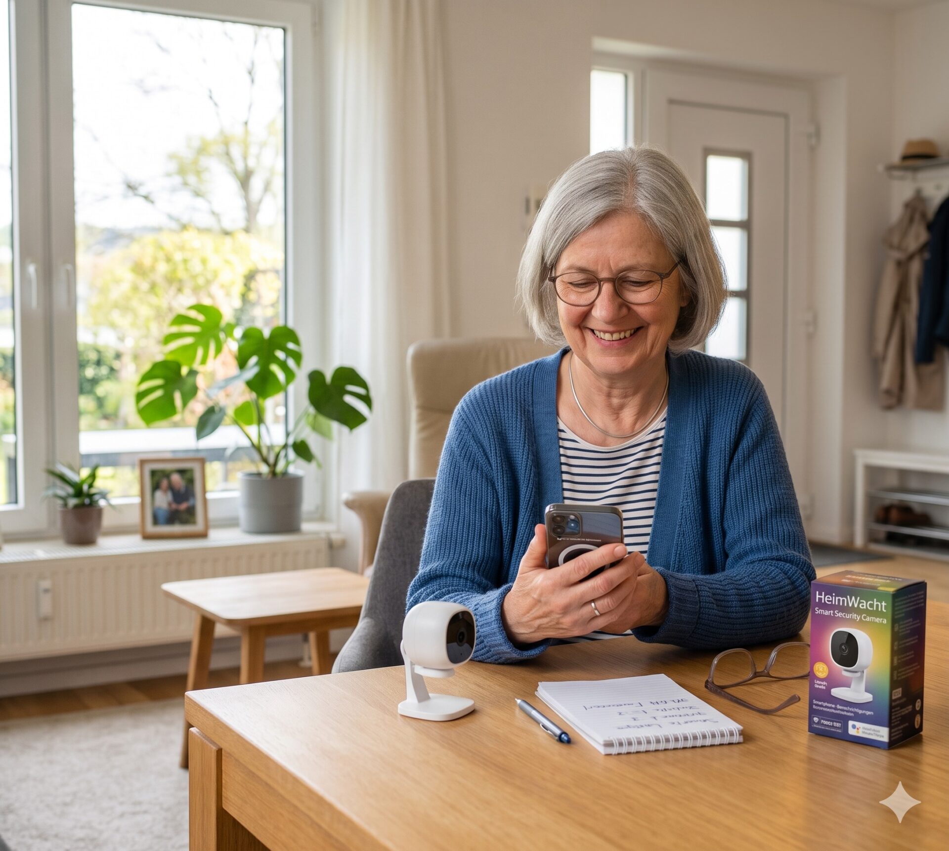 Ältere Person richtet eine Sicherheitskamera für Zuhause mit dem Smartphone ein