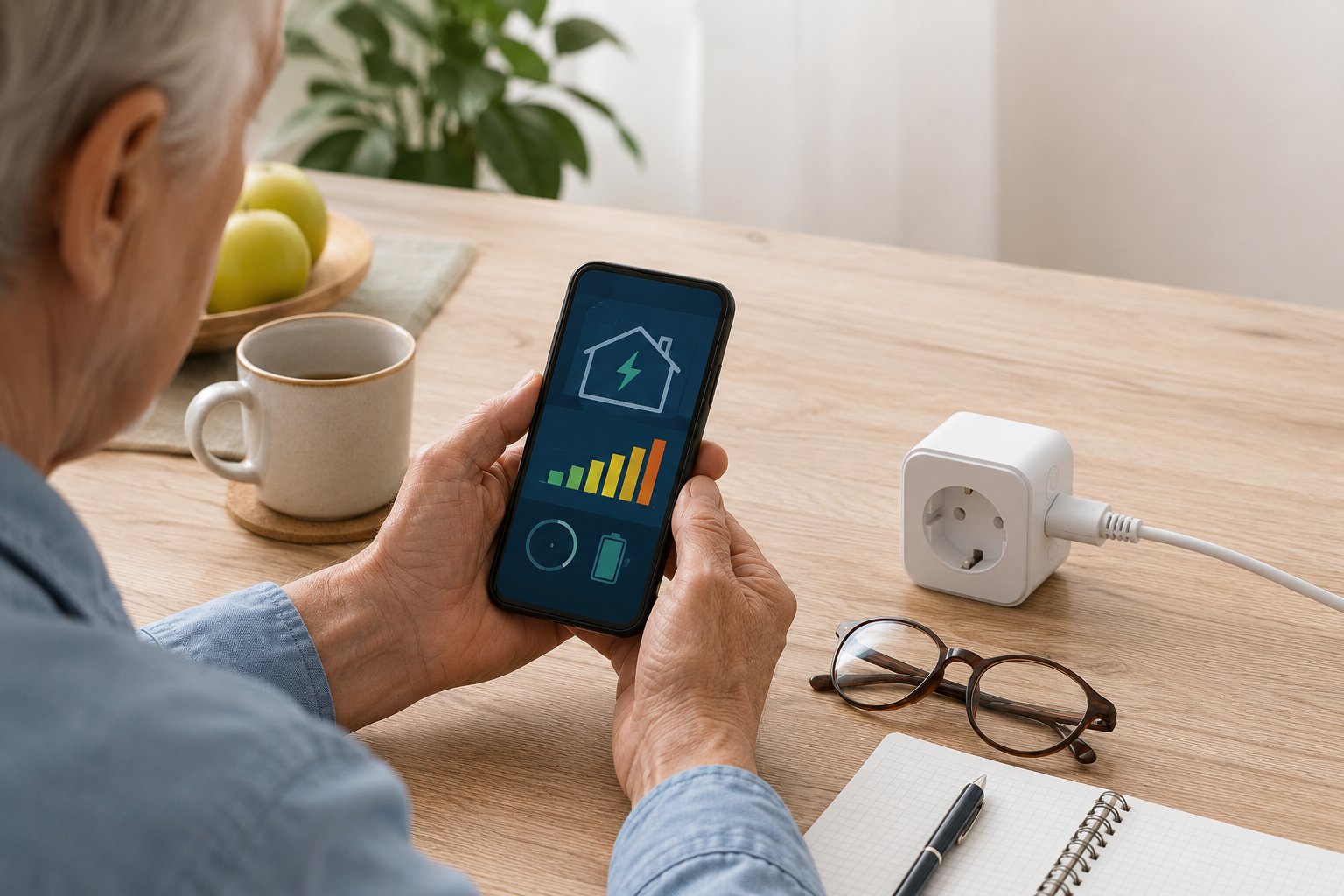 Ältere Hände prüfen den Stromverbrauch mit einer smarten Steckdose.