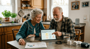 Ein älteres Ehepaar sitzt am Küchentisch und nutzt ein Tablet mit einer Smart-Home-App, während der Mann auf das Display zeigt. Auf dem Tisch liegen Smart-Home-Geräte wie ein Hub, smarte Steckdosen und eine gedruckte Anleitung.