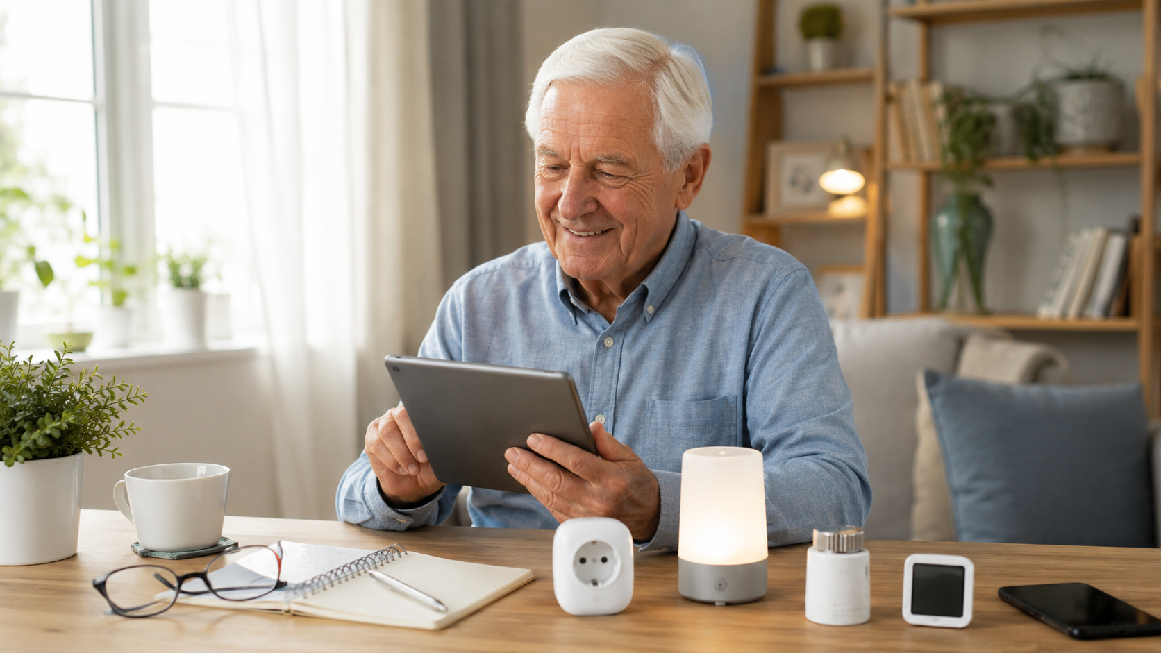 Senior betrachtet Smart-Home-Zubehör auf einem Tisch