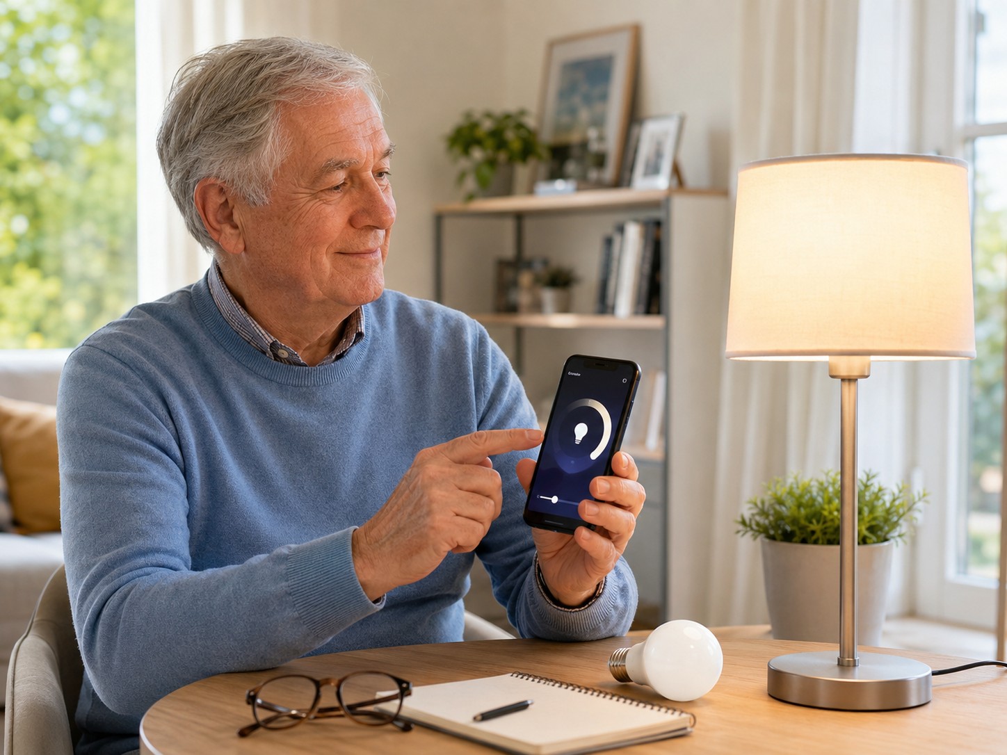 Senior richtet smarte Lampe mit Smartphone ein und steuert Licht im Wohnzimmer