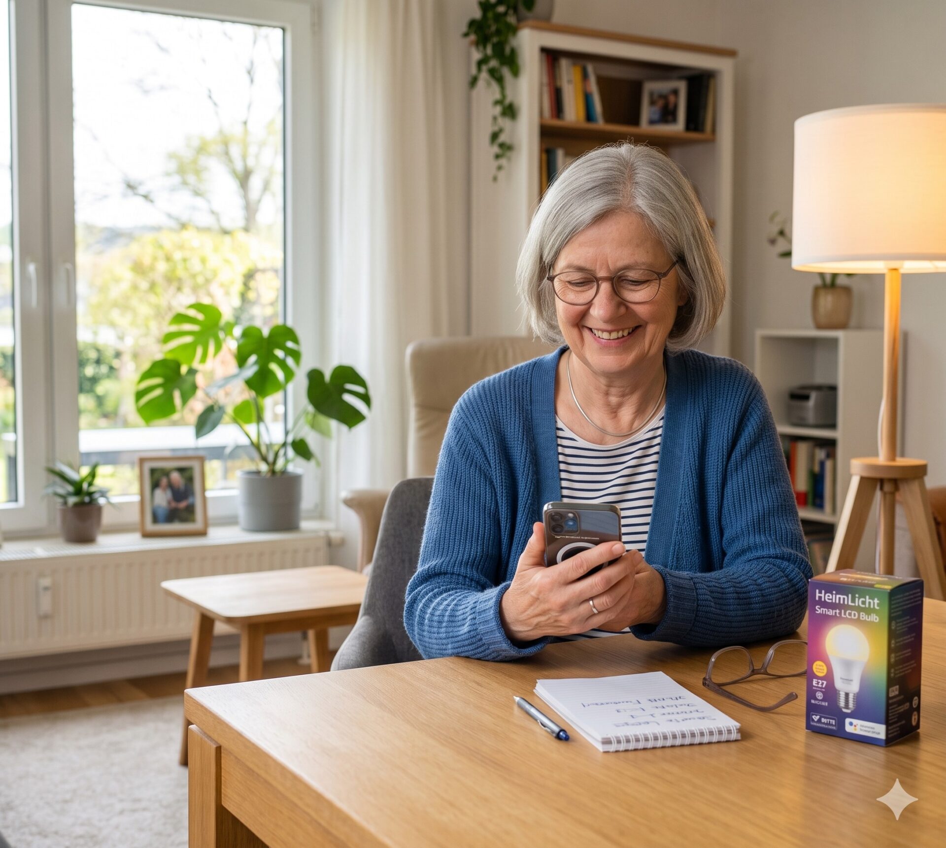 Ältere Person richtet eine smarte Lampe per Smartphone ein