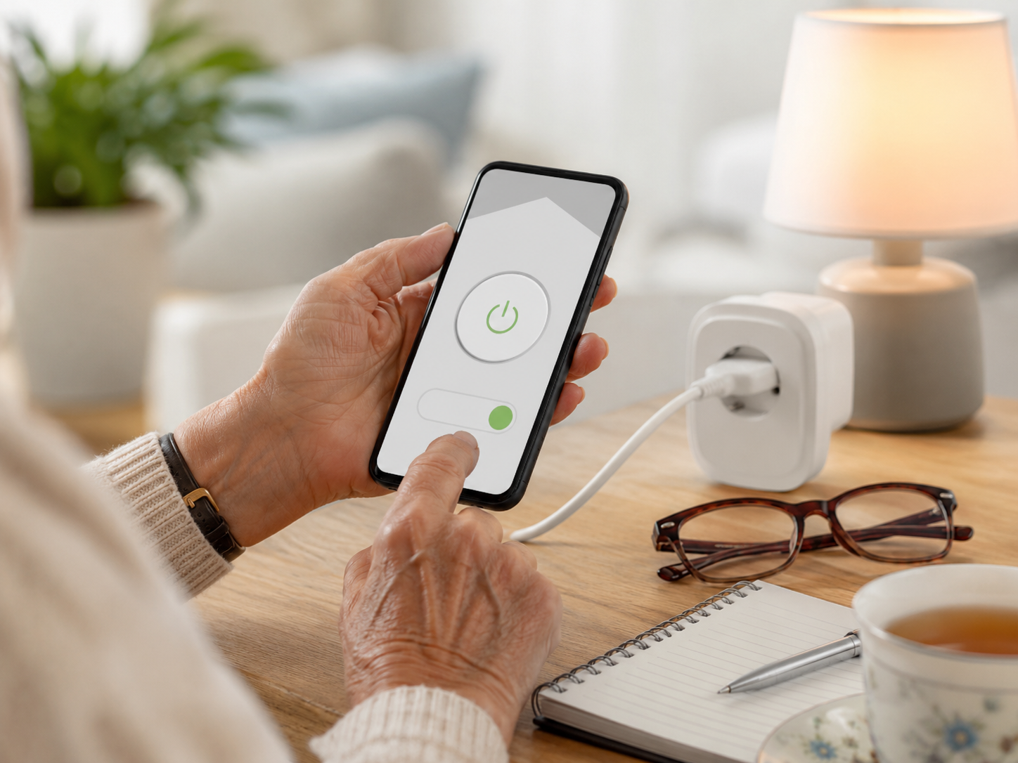 Ältere Hände steuern eine smarte Steckdose per Smartphone.