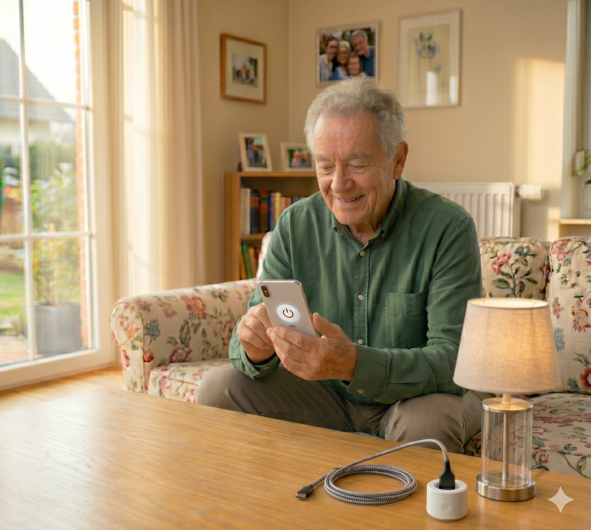 Senior steuert eine smarte Steckdose mit dem Smartphone.