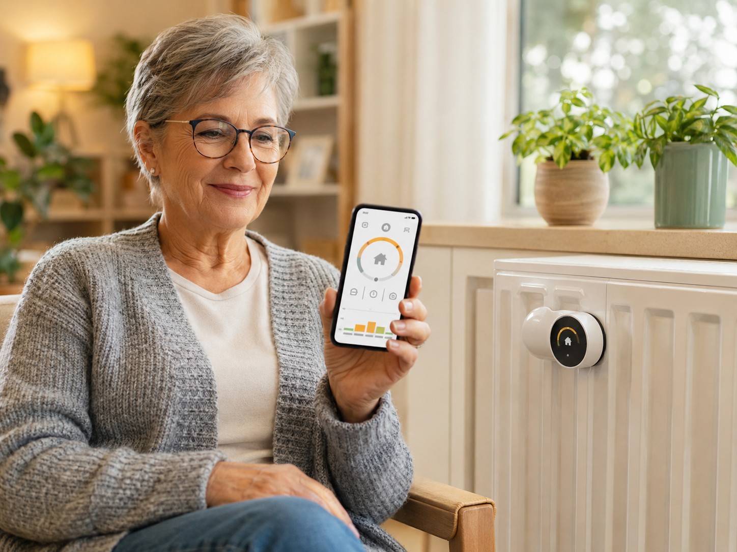 Senior richtet ein smartes Heizkörperthermostat ein und nutzt eine Smartphone-App