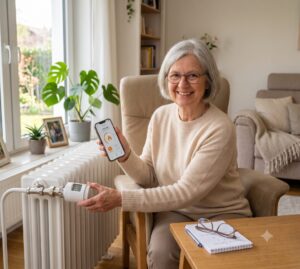 Ältere Person bedient ein smartes Thermostat am Heizkörper mit dem Smartphone