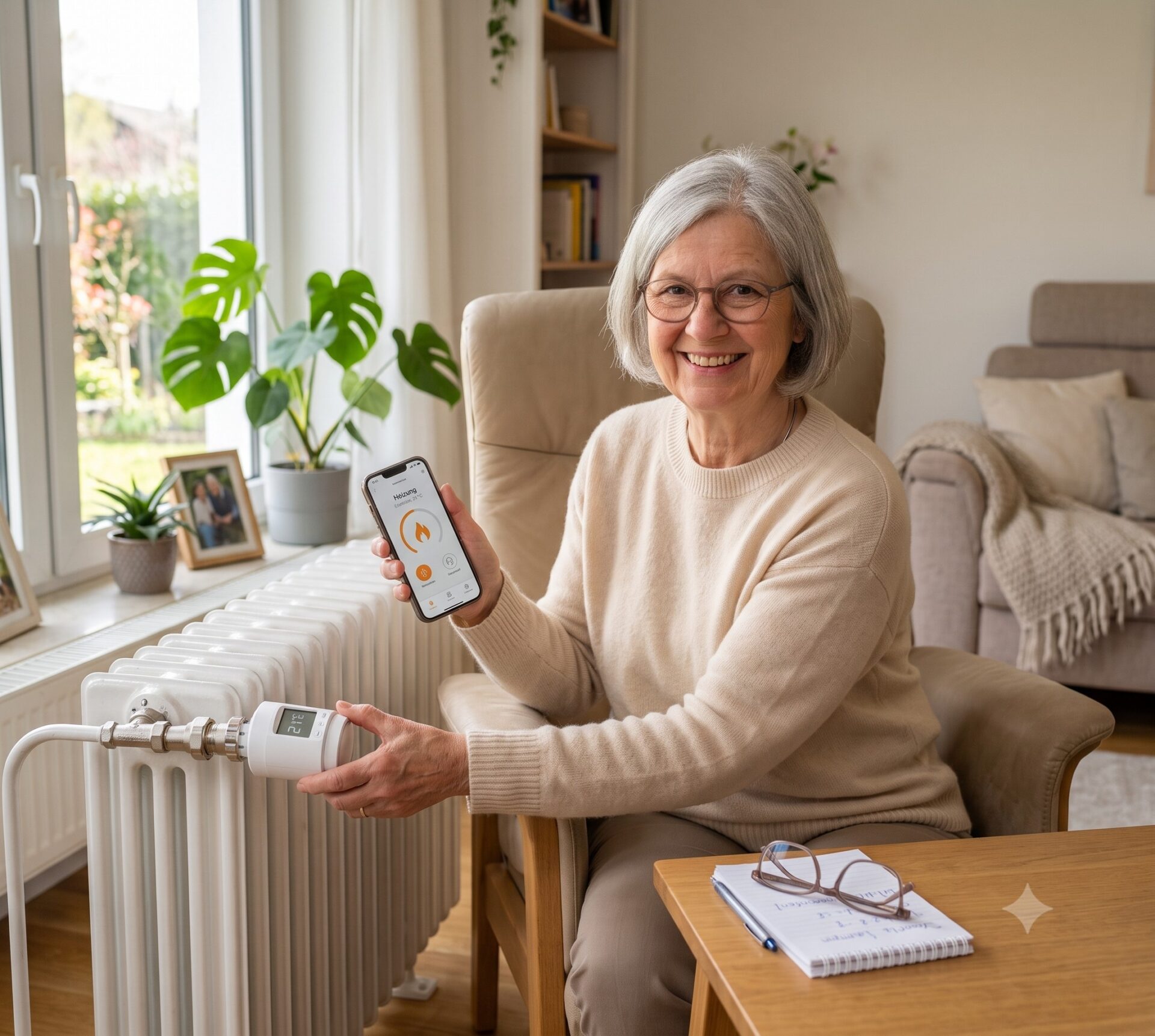 Ältere Person bedient ein smartes Thermostat am Heizkörper mit dem Smartphone