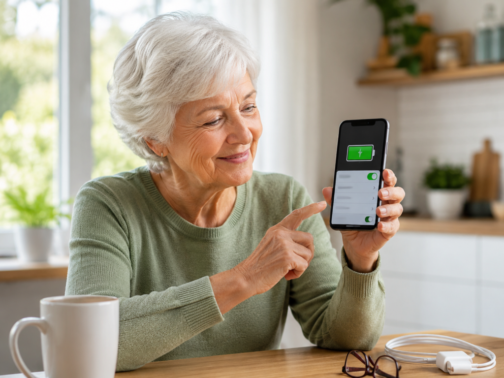 Ältere Person schaut auf die Akkuanzeige eines Smartphones.
