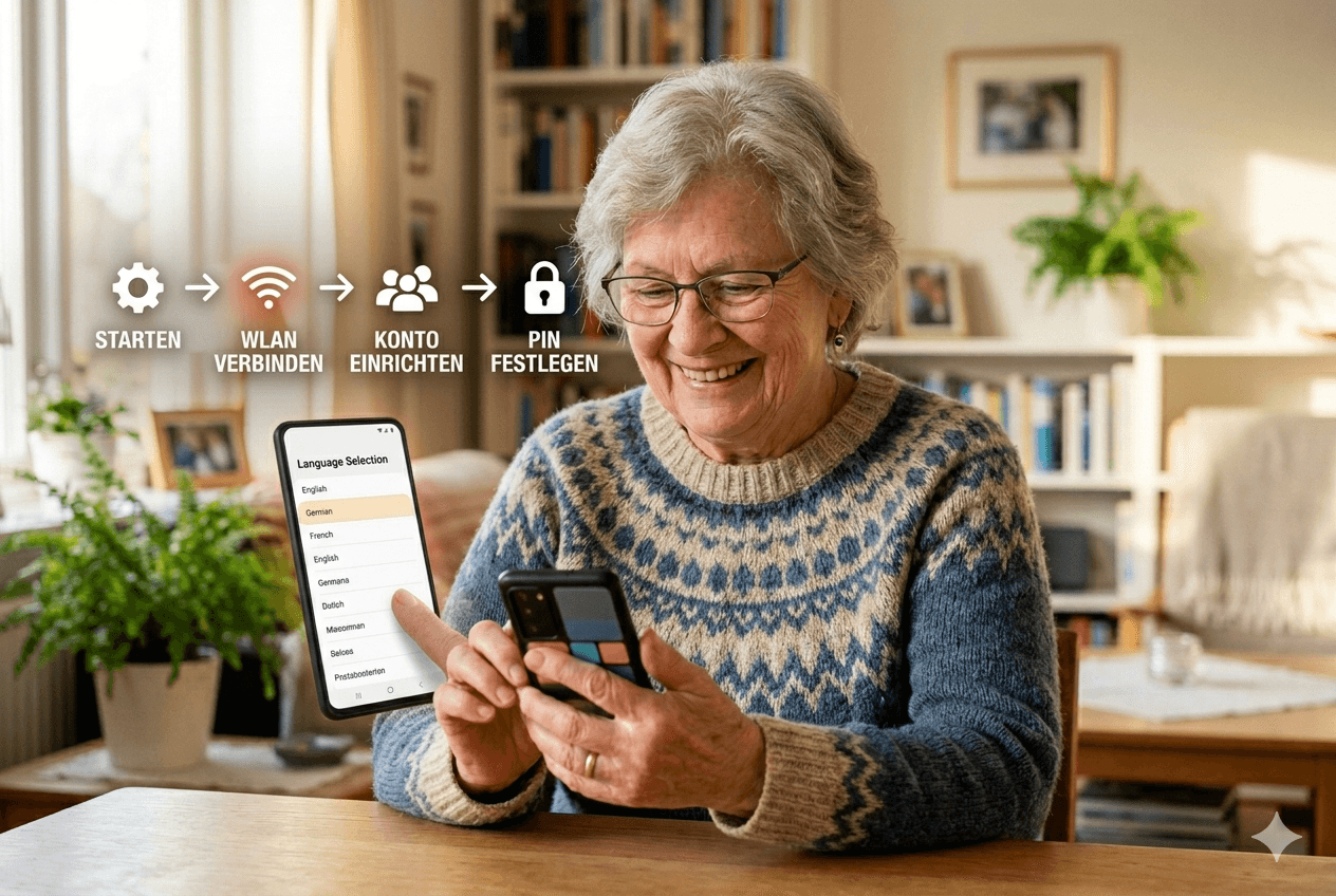 Senior richtet ein Smartphone Schritt für Schritt ein