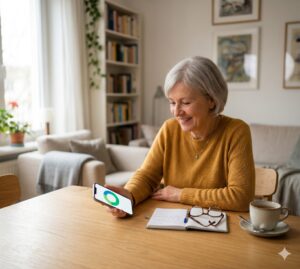 Seniorin prüft den Speicherplatz auf dem Smartphone.
