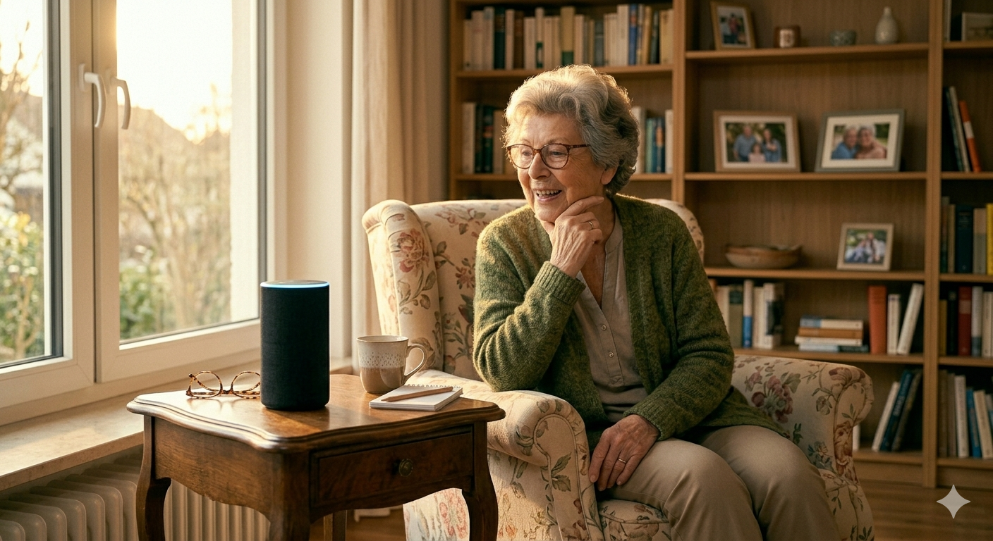 Amazon Echo Dot und Smartphone nebeneinander – Sprachsteuerung für Senioren