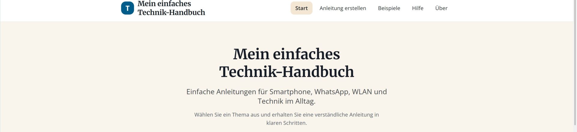 Startseite von Mein einfaches Technik-Handbuch mit Themenauswahl