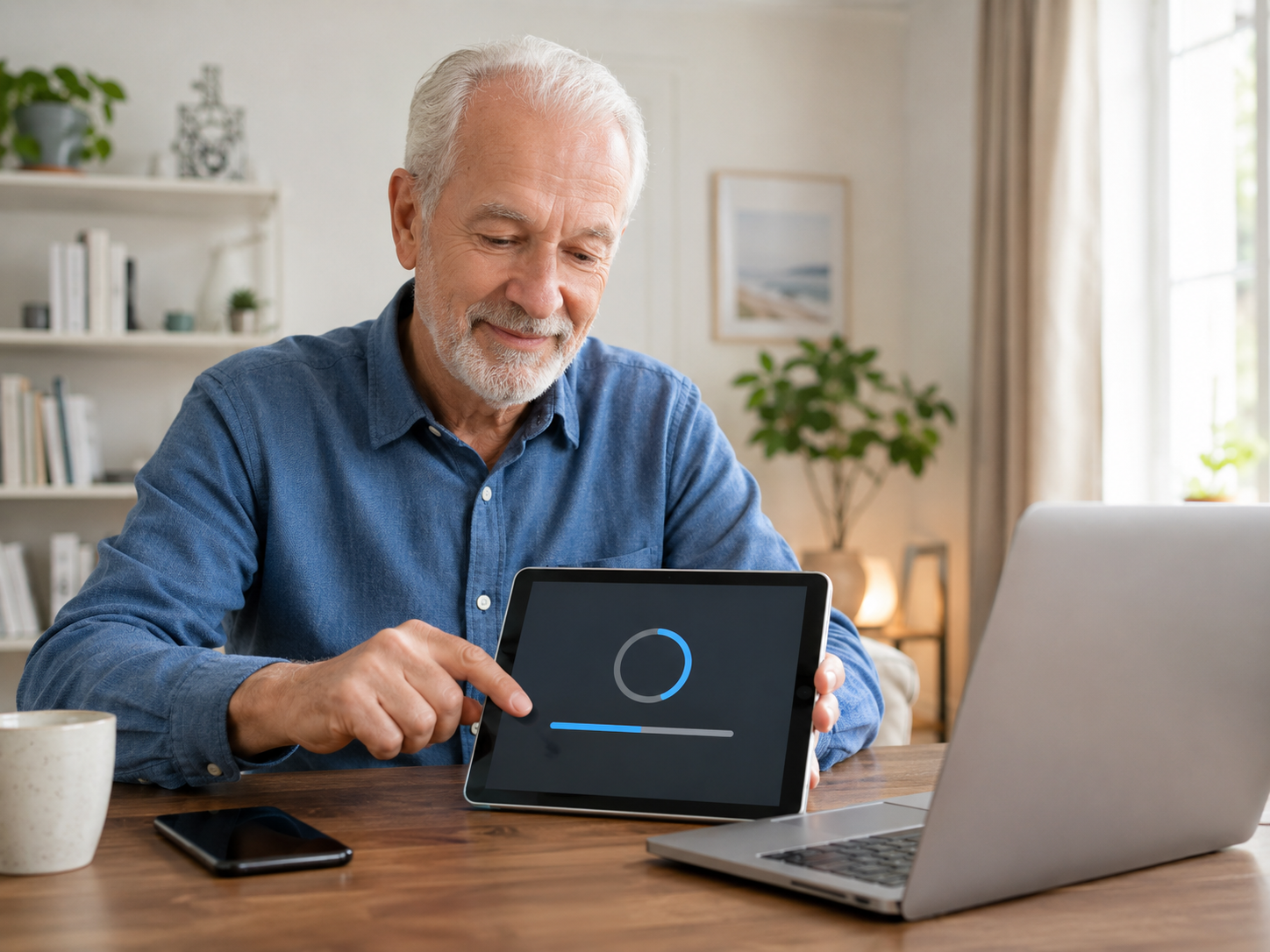 Person aktualisiert Smartphone, Tablet oder Laptop in heller Wohnumgebung