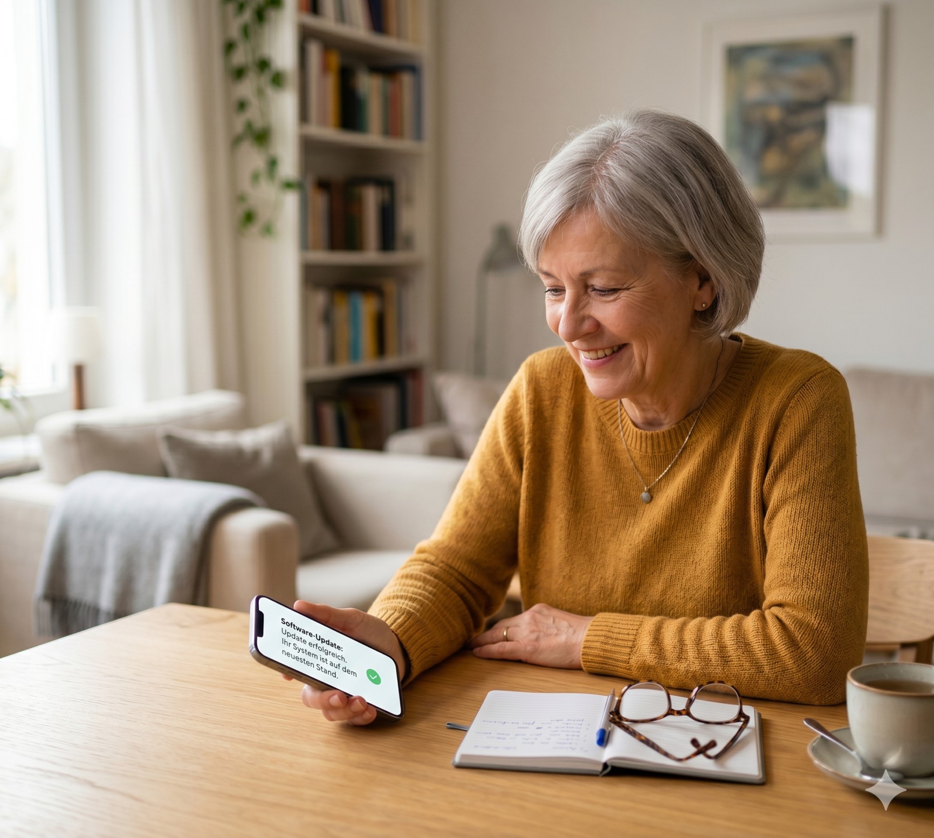 &Auml;ltere Person pr&uuml;ft in heller Wohnumgebung ein Update auf dem Smartphone